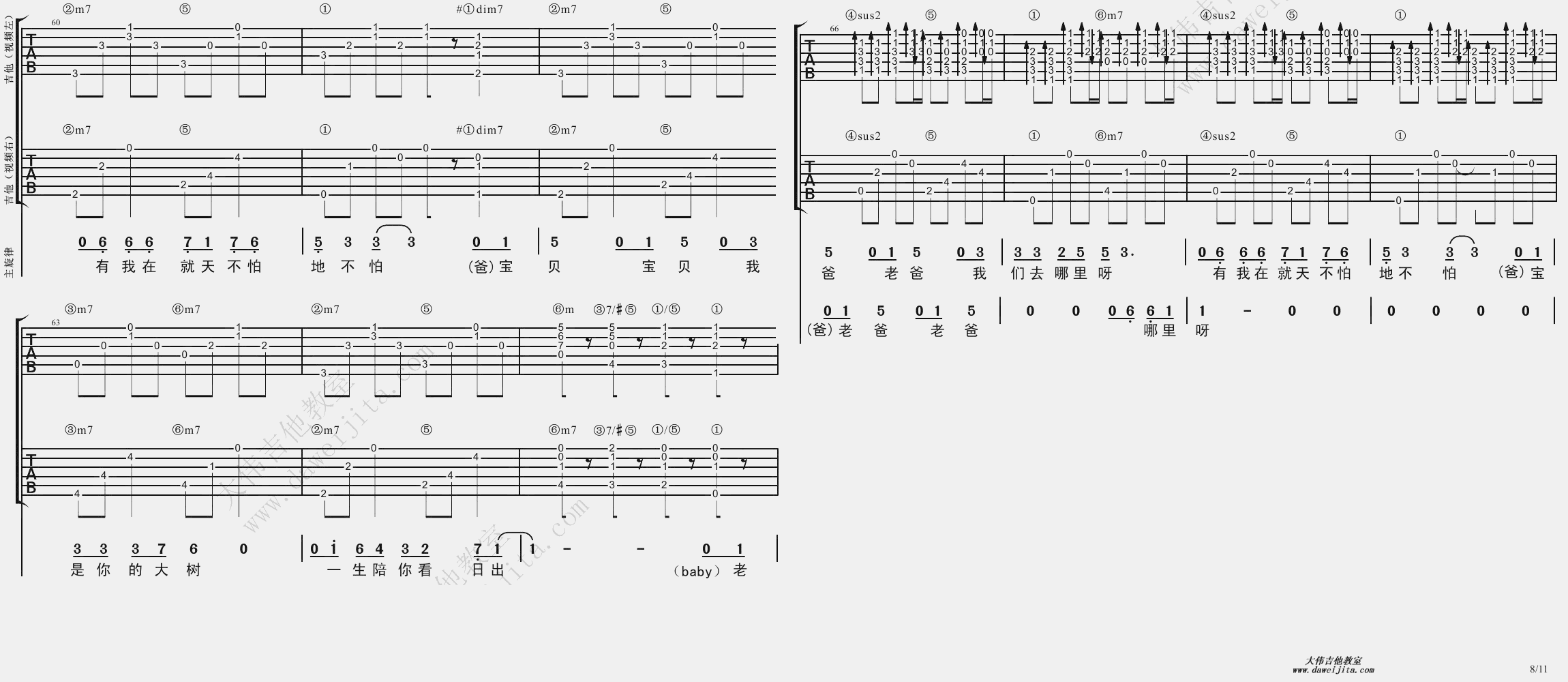 8大伟#F调双吉他版 《爸爸去哪儿》吉他弹唱六线谱