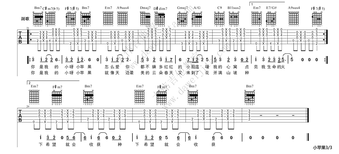 3大伟bE调版 筷子兄弟《小苹果》吉他弹唱六线谱