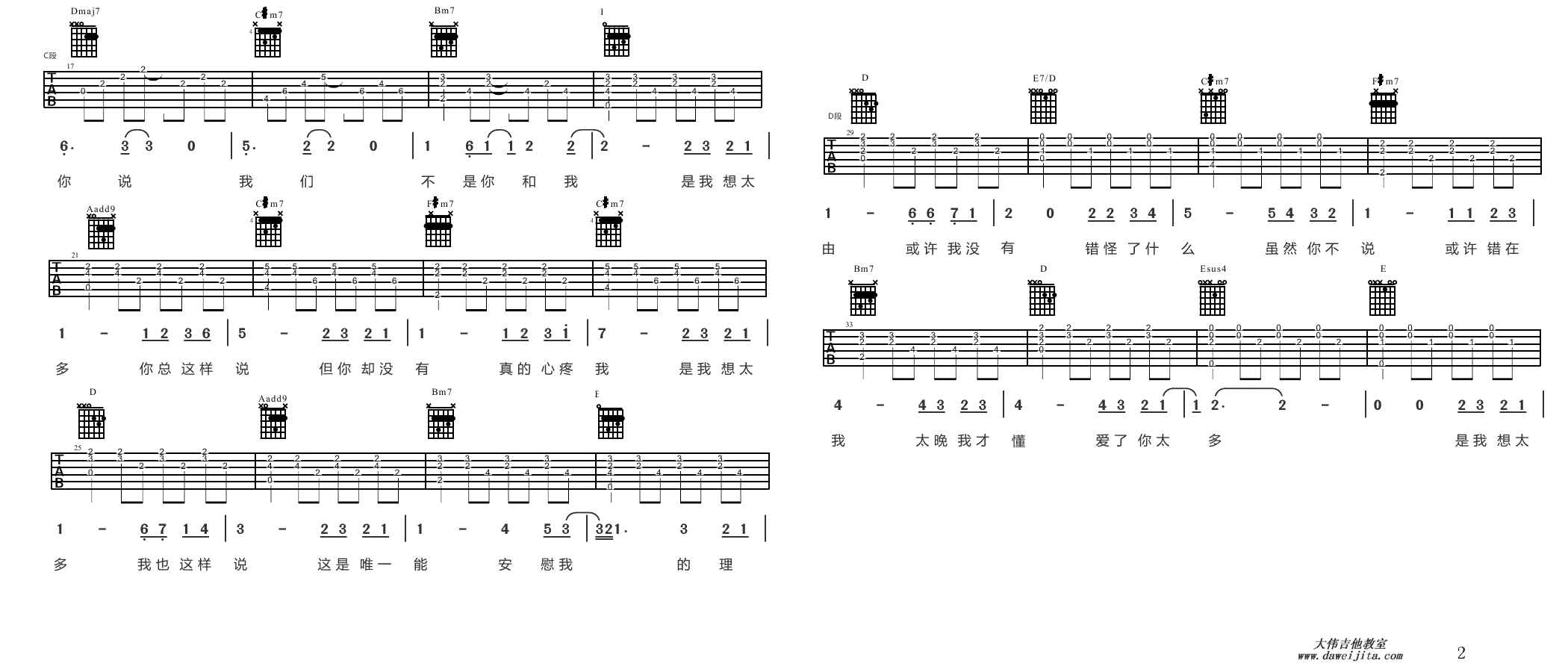 2大伟B调版 李玖哲《想太多》吉他弹唱六线谱