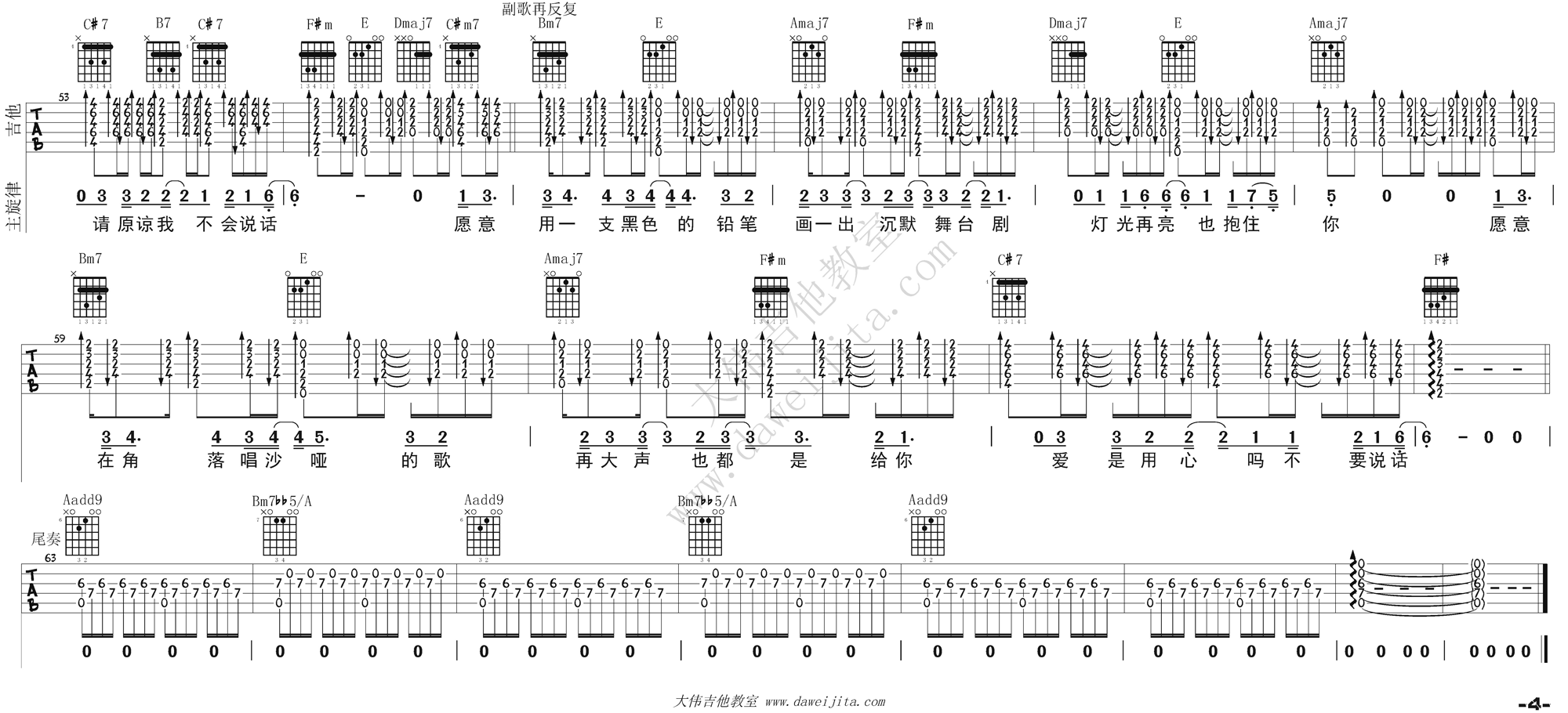 4大伟B调版 陈奕迅《不要说话》吉他弹唱六线谱