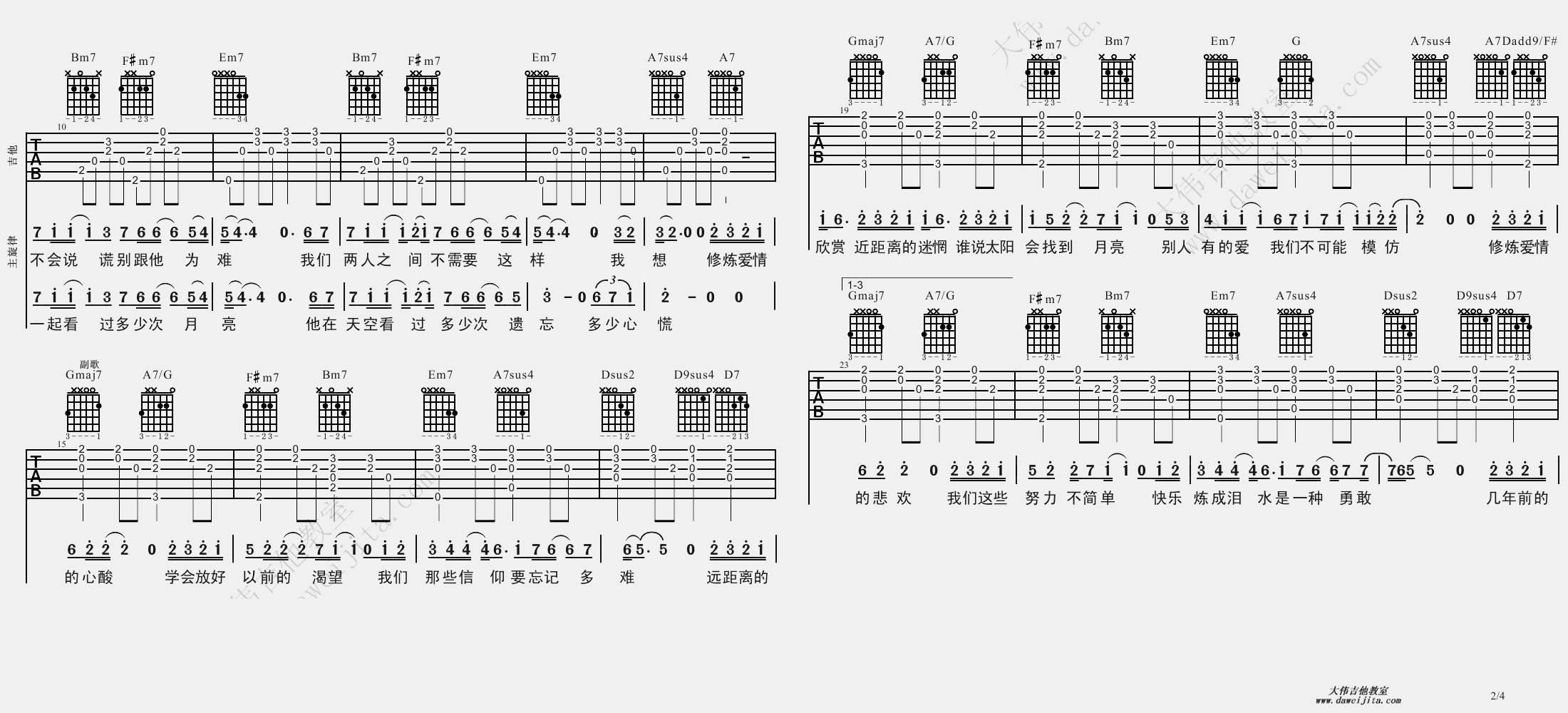 2大伟bE调版 林俊杰《修炼爱情》吉他弹唱六线谱