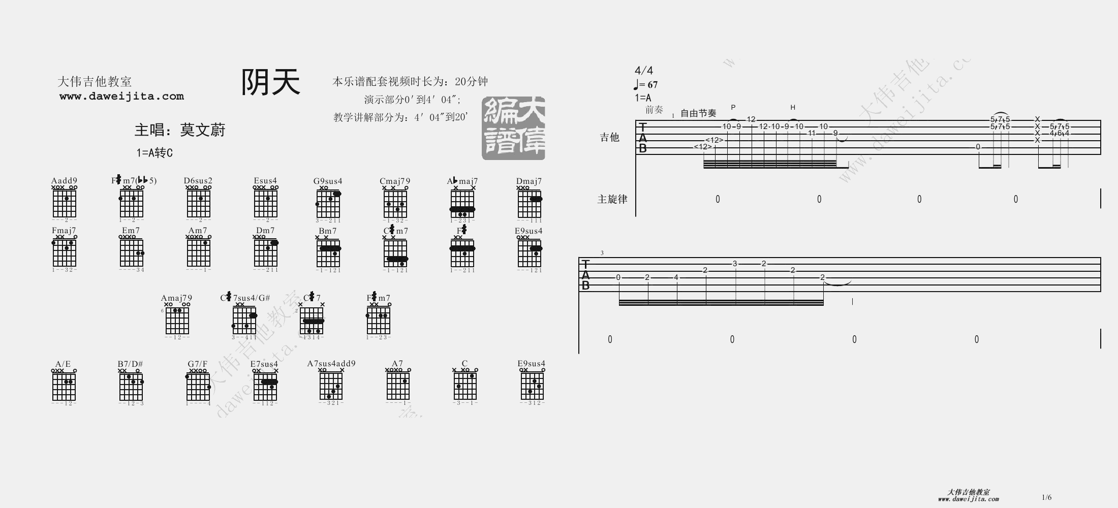 1大伟A调版 莫文蔚《阴天》吉他弹唱六线谱