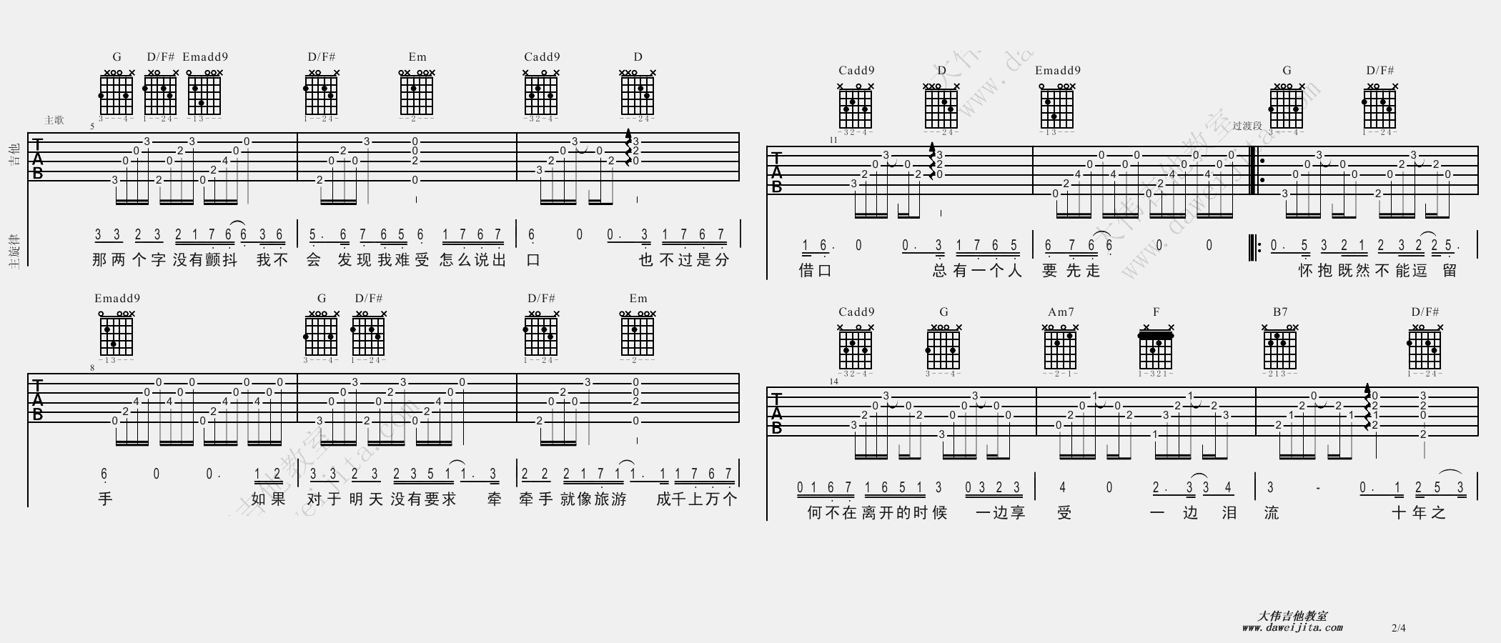 2大伟版 陈奕迅《十年》吉他弹唱六线谱