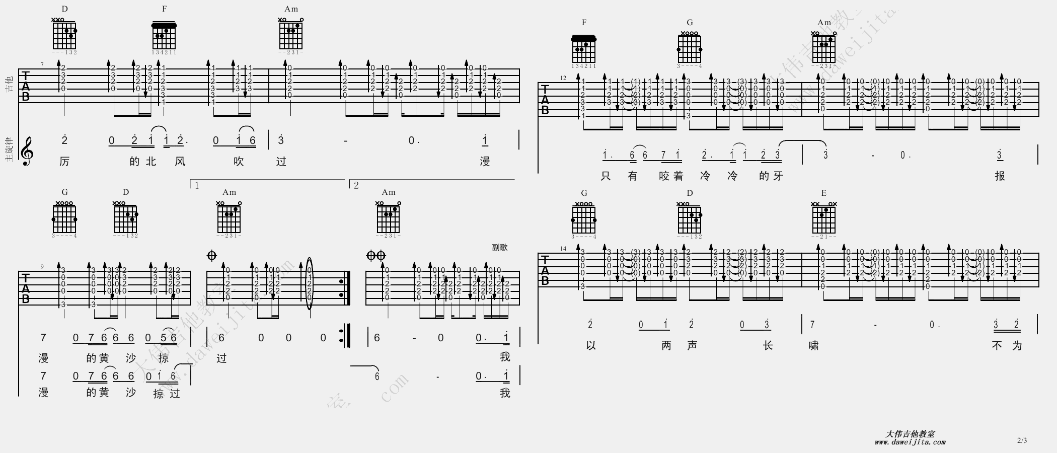 2大伟C调版 齐秦《狼》吉他弹唱六线谱