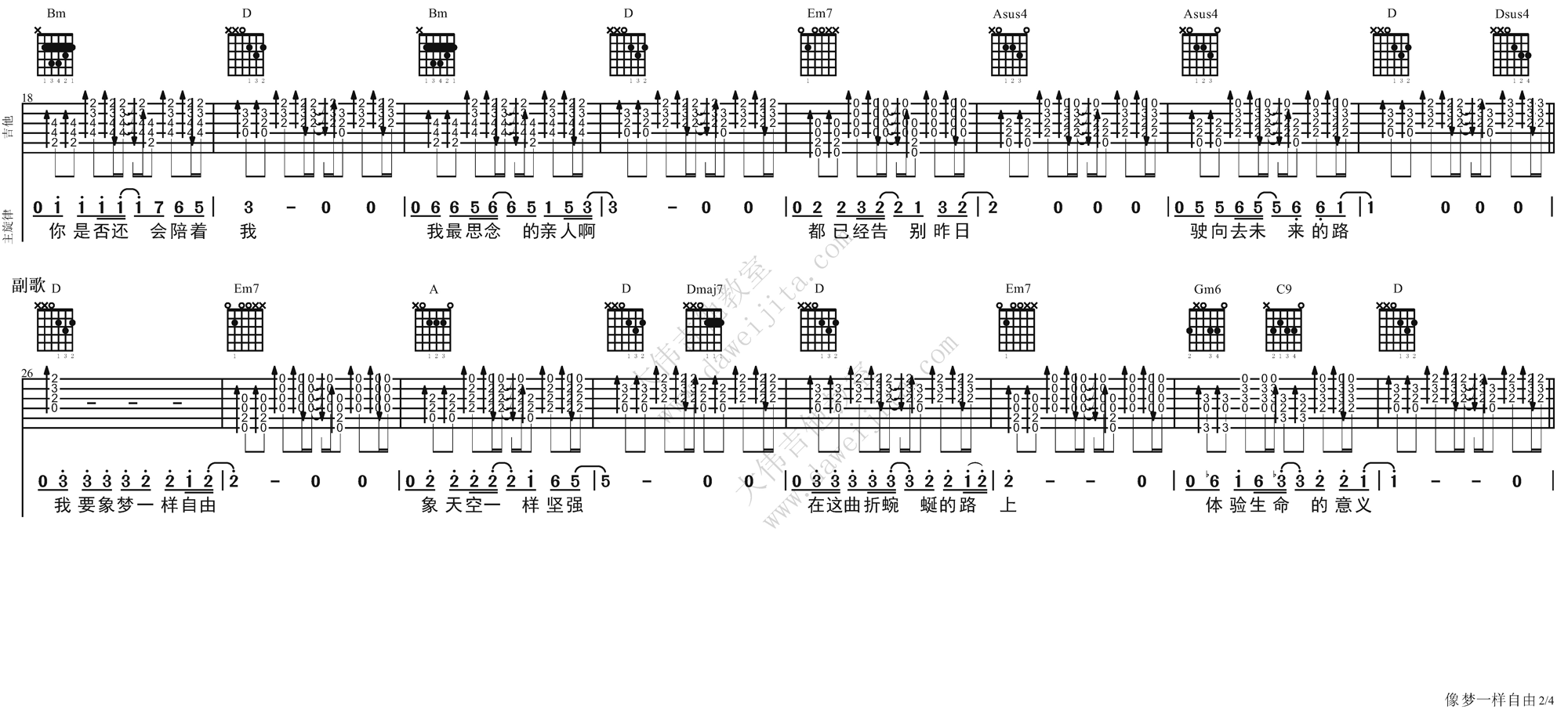 2大伟E调版 汪峰《像梦一样自由》吉他弹唱六线谱