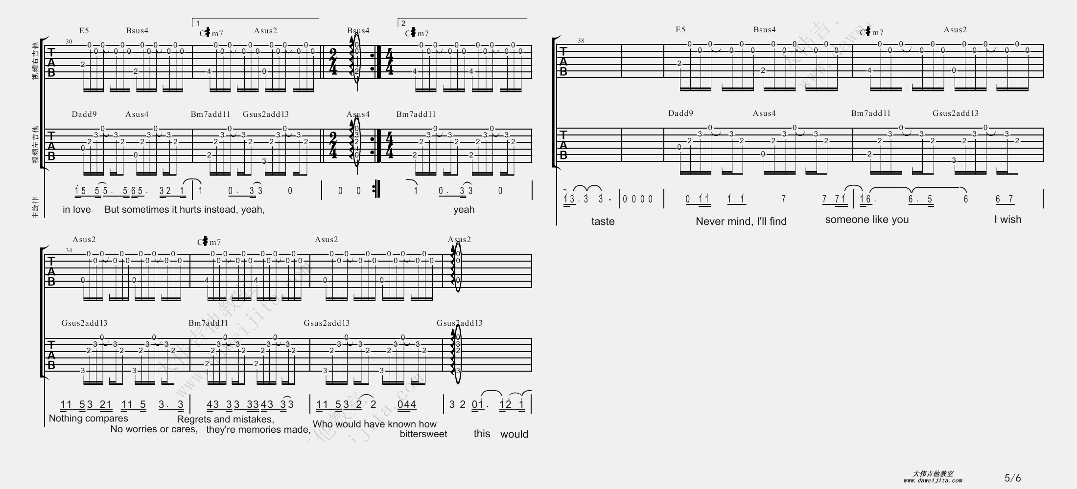 5大伟双吉他版 Adele《Someone Like You》吉他六线