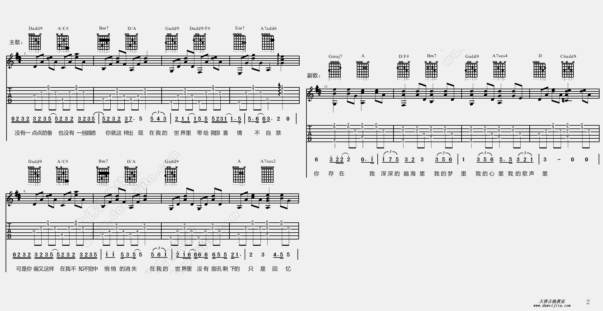 2大伟C调男生版 曲婉婷《我的歌声里》吉他弹唱六线谱