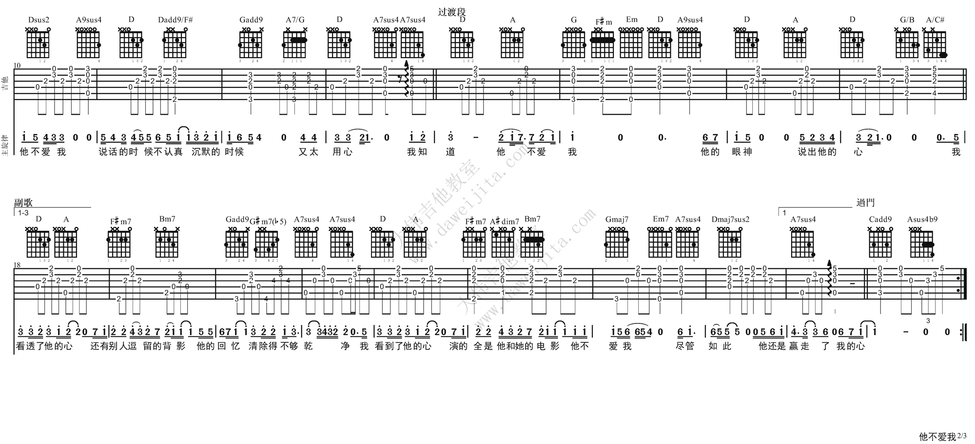 2大伟D调版 关喆《他不爱我》吉他弹唱六线谱