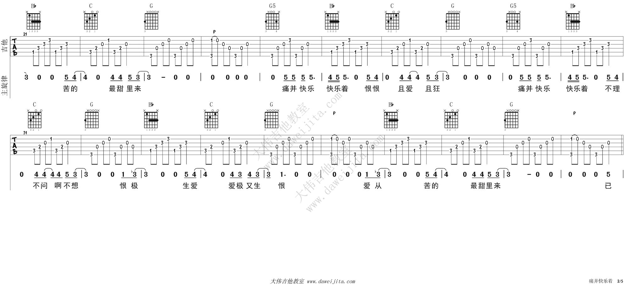 2大伟G调版 齐秦《痛并快乐着》吉他谱吉他弹唱六线谱