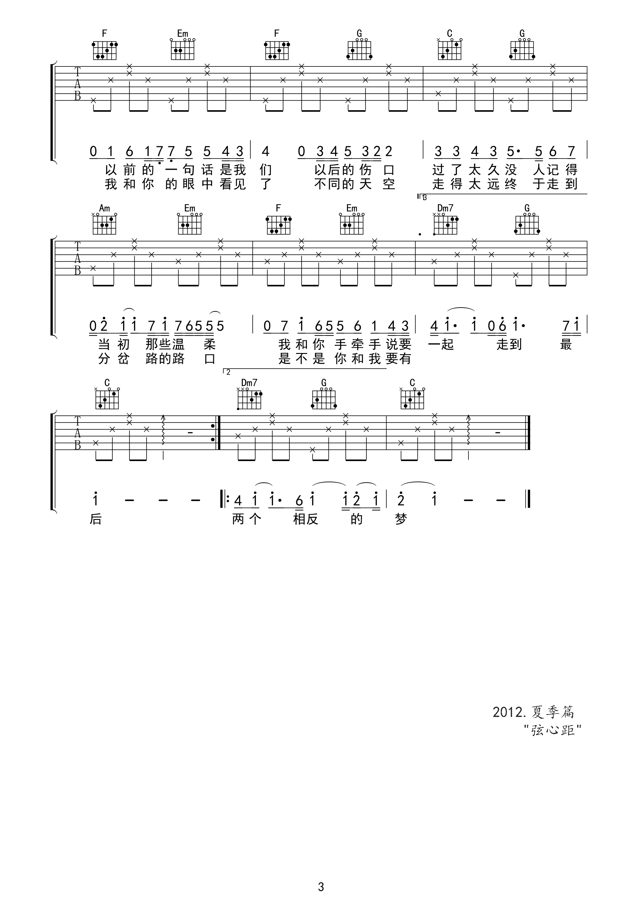 3弦心距C调版 林俊杰《记得》吉他弹唱六线谱