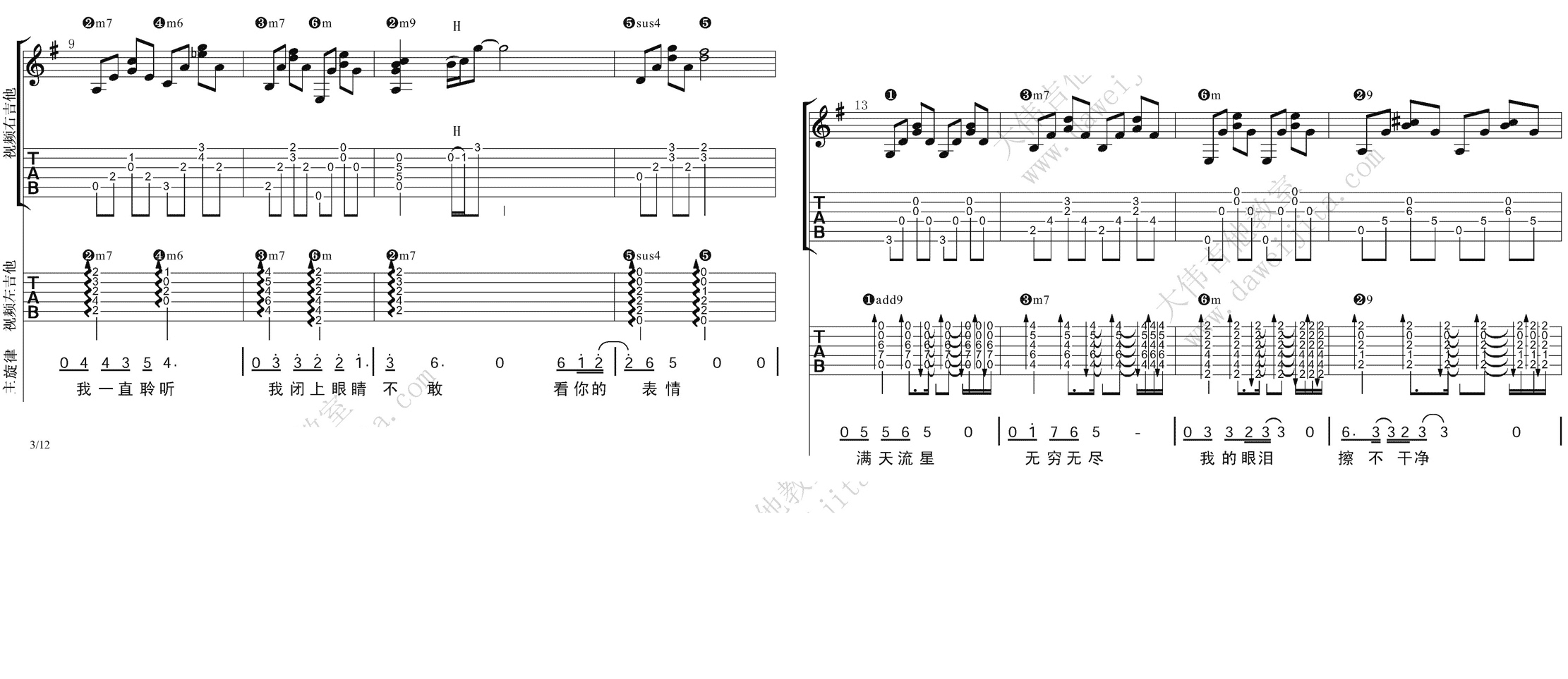 3大伟双吉他A调版 张惠妹《剪爱》吉他弹唱六线谱