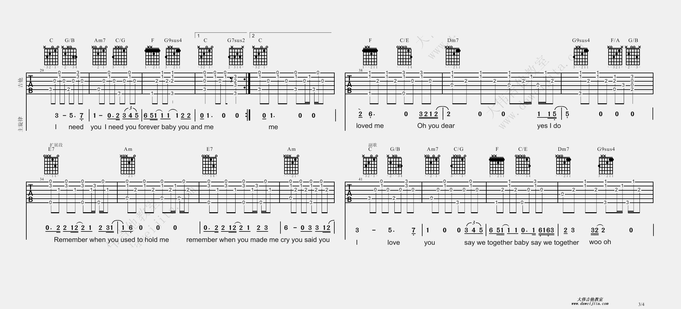3大伟C调版 王若琳《I Love You》吉他弹唱六线谱