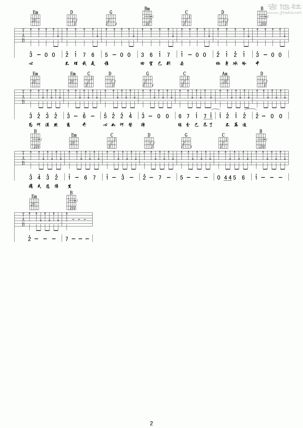 2小叶歌G调版 易欣《心碎》吉他弹唱六线谱
