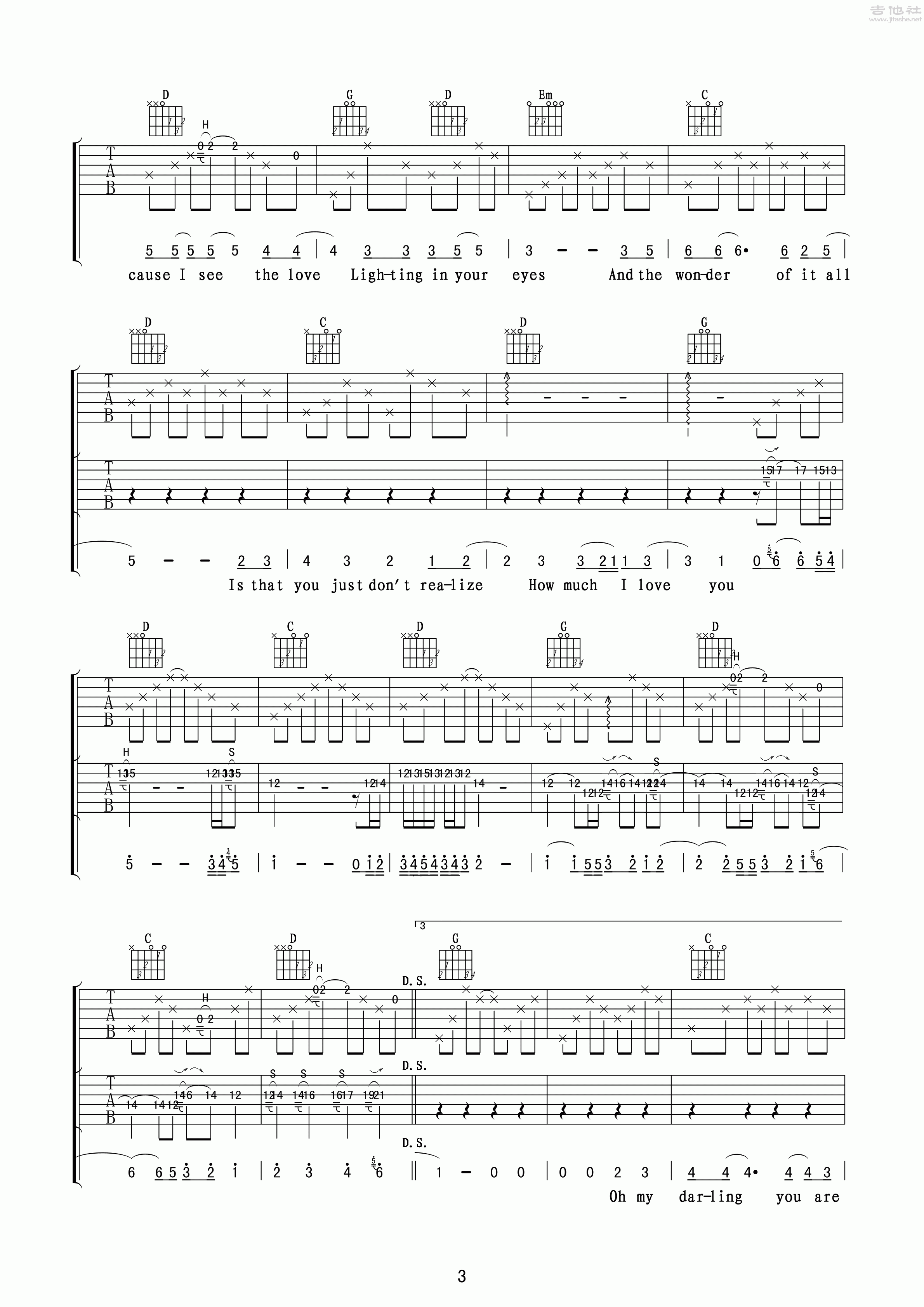 3玩易G调版 《Wonderful Tonight》吉他弹唱六线谱