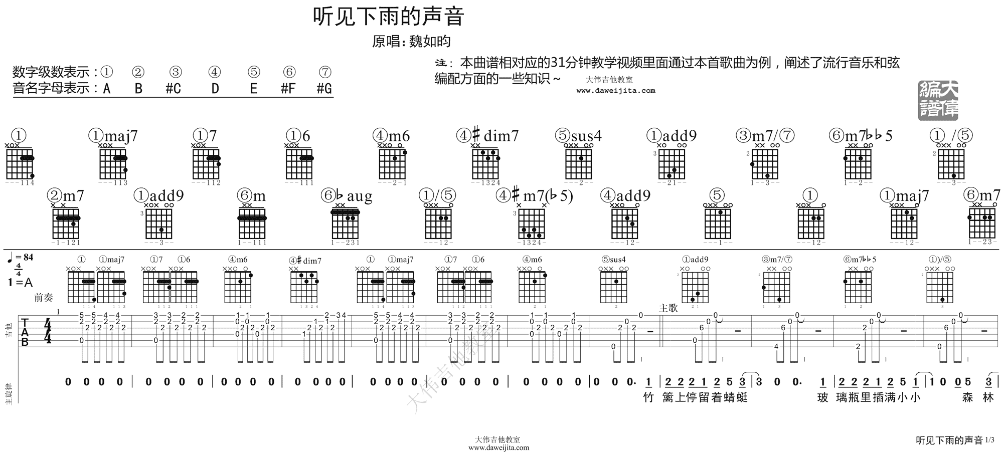 1大伟A调版 周杰伦《听见下雨的声音》吉他弹唱六线谱