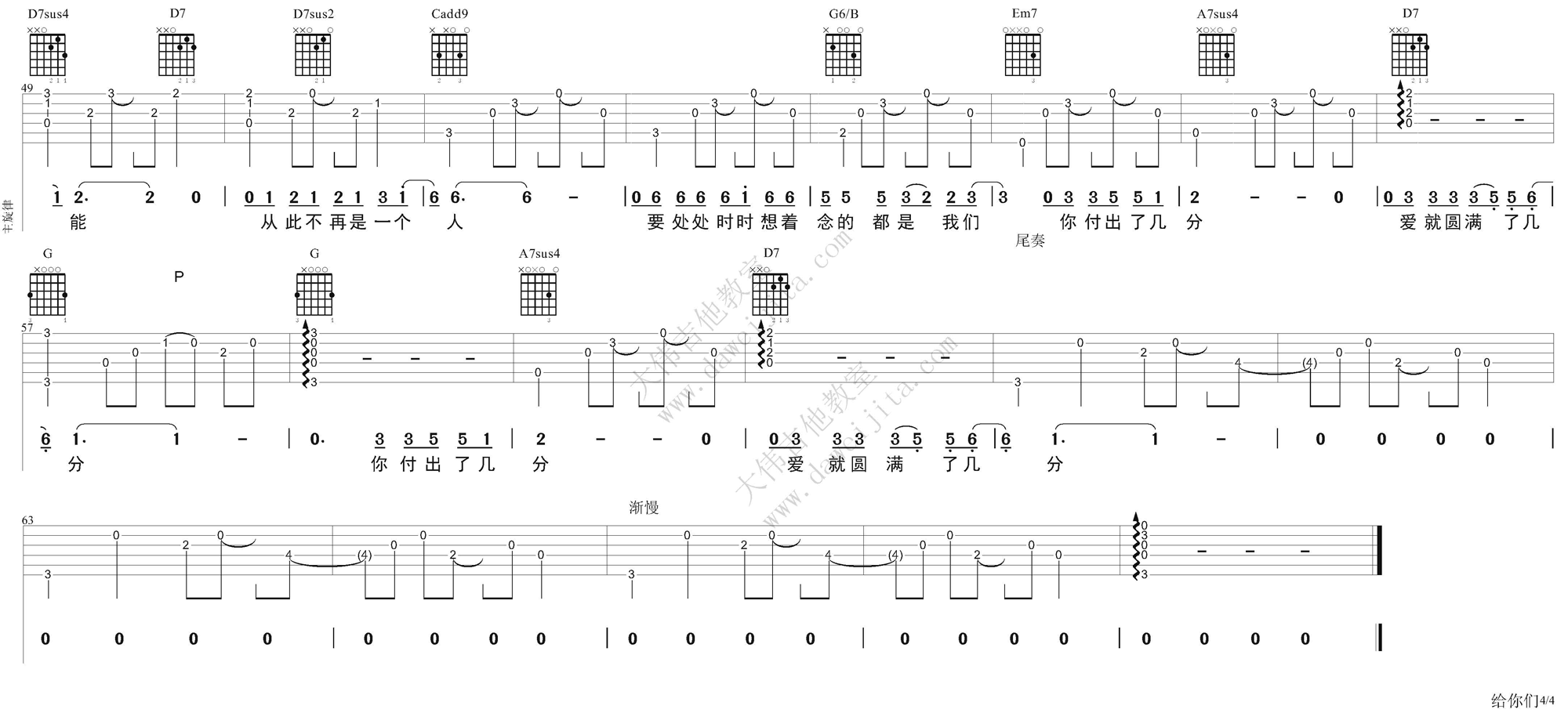 4大伟bA调版 张宇《给你们》吉他弹唱六线谱