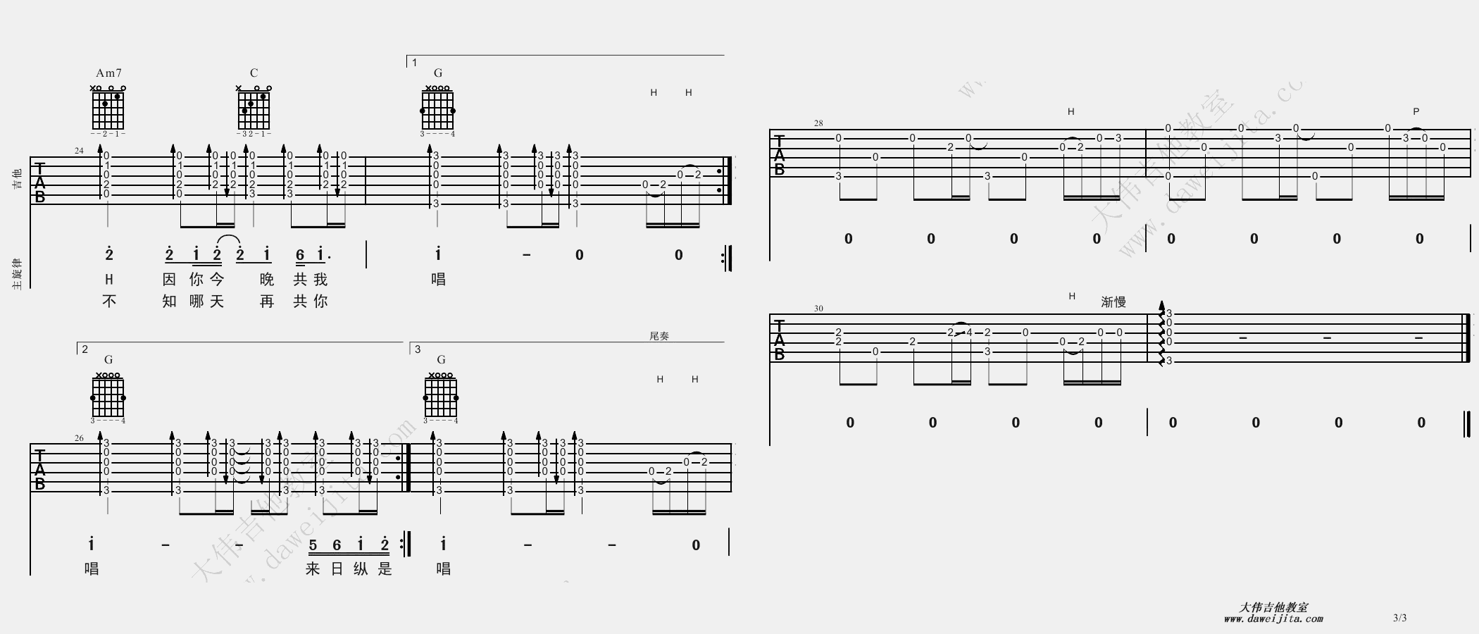 3大伟G调版 陈慧娴《千千阙歌》吉他弹唱六线谱