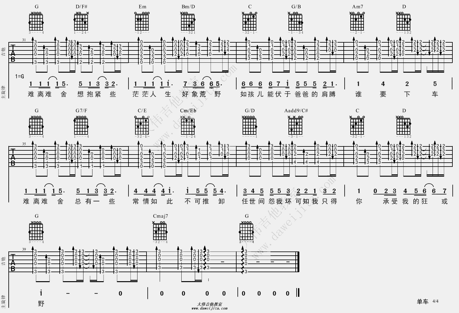 4大伟G调版 陈奕迅《单车》吉他弹唱六线谱
