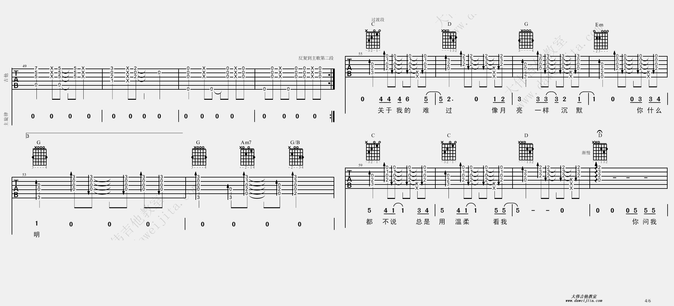 4大伟G调版 杨坤《月亮可以代表我的心》吉他弹唱六线谱