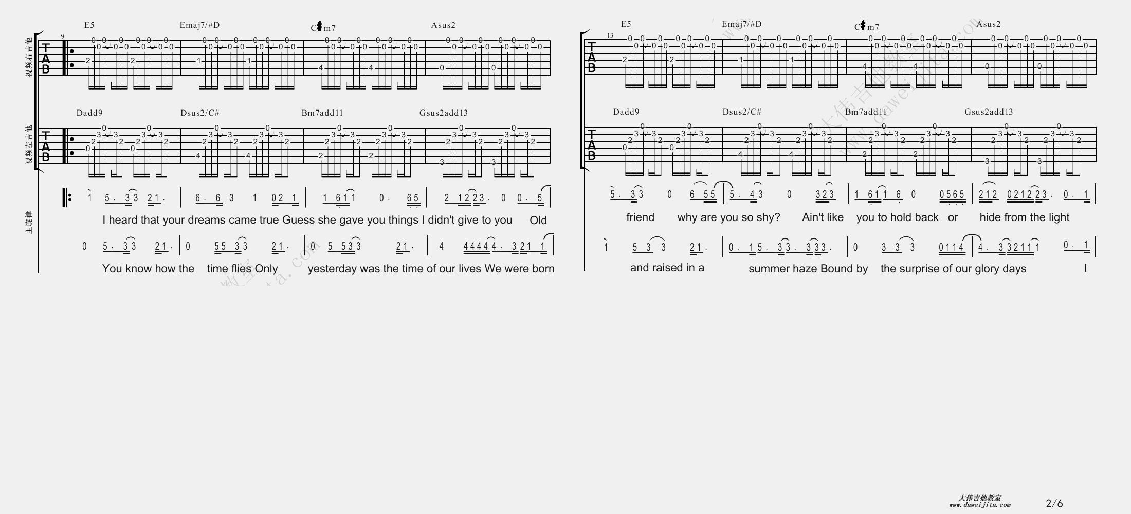 2大伟双吉他版 Adele《Someone Like You》吉他六线