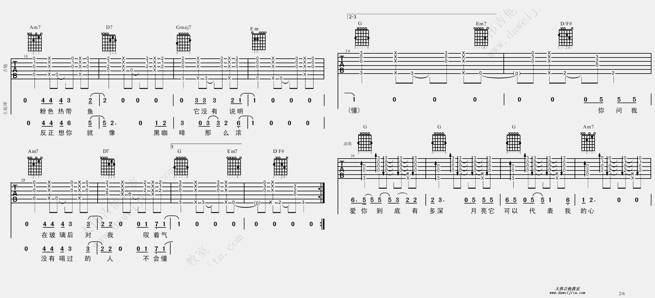 2大伟G调版 杨坤《月亮可以代表我的心》吉他弹唱六线谱