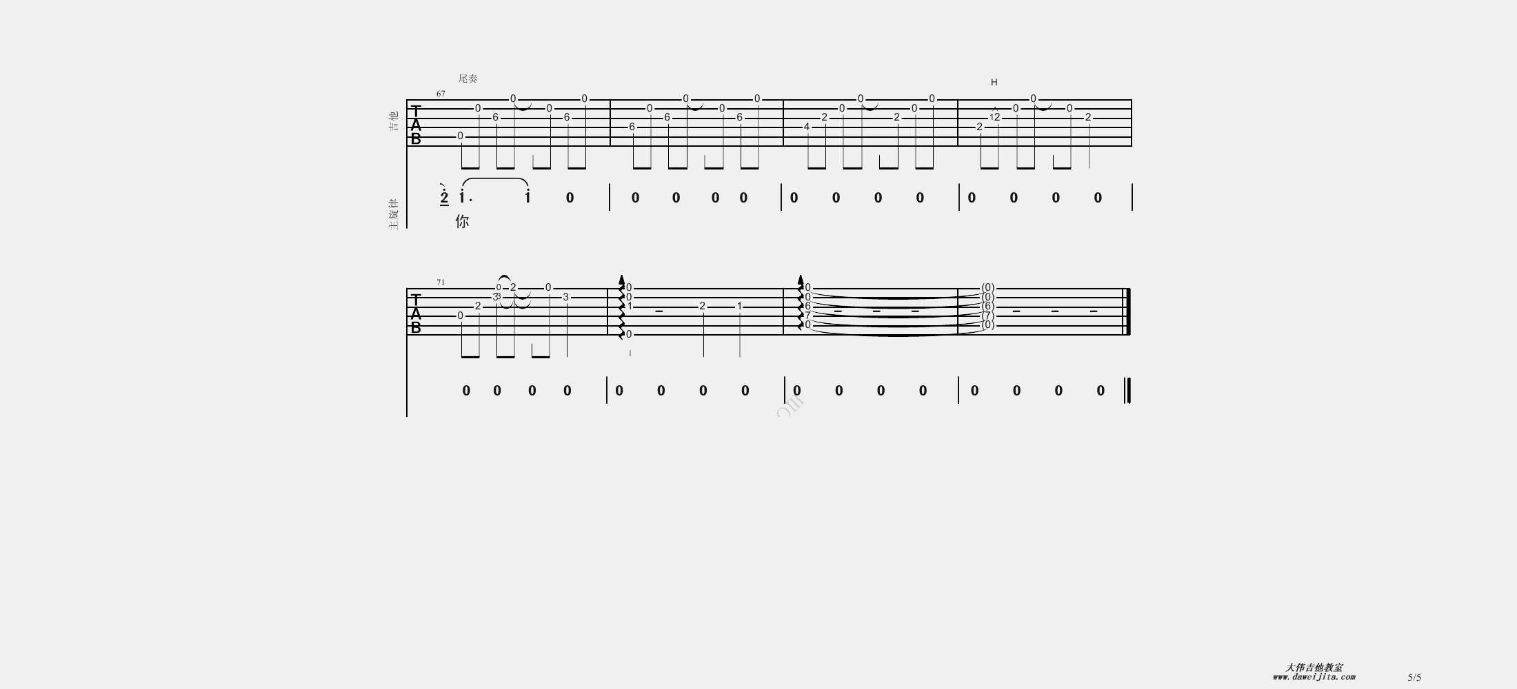 5大伟A调版 李行亮《愿得一人心》吉他弹唱六线谱