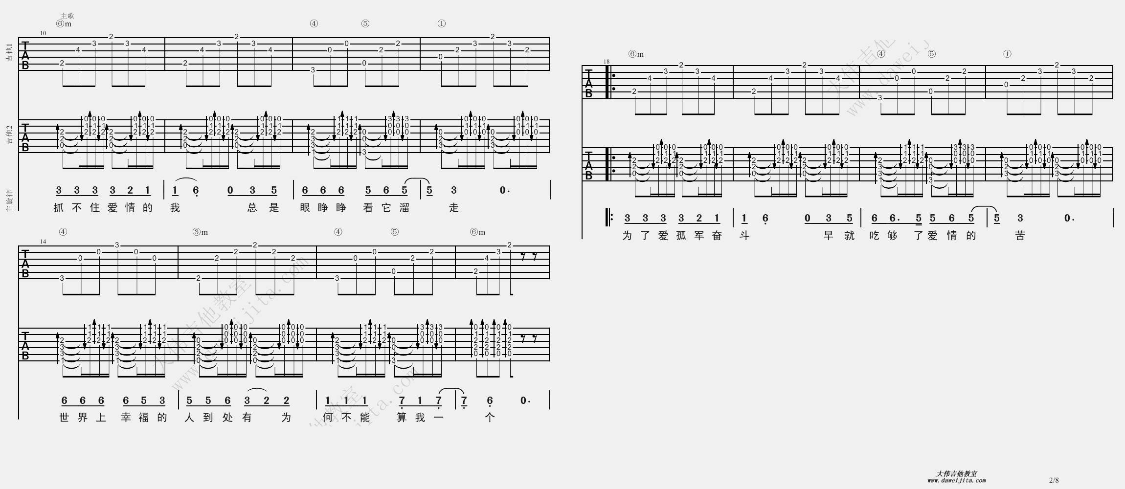 2大伟双吉他版 林志炫《单身情歌》吉他弹唱六线谱