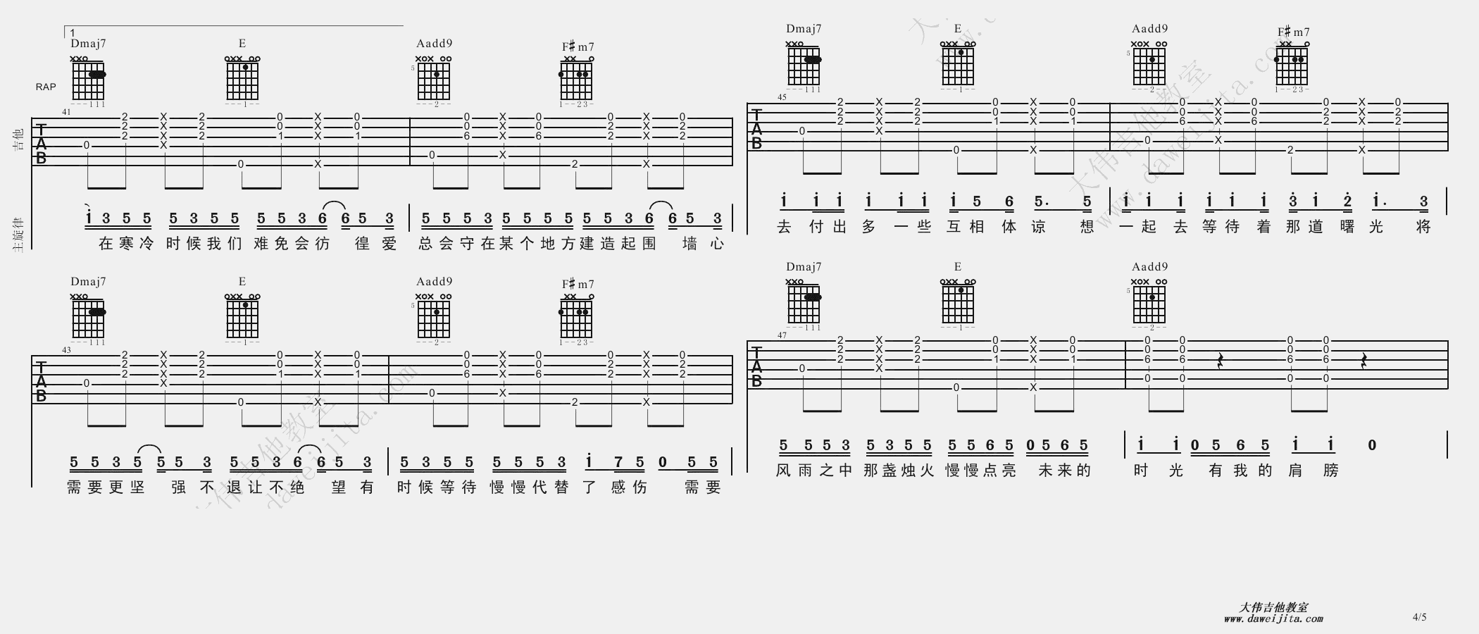 4大伟B调版 至上励合《棉花糖》吉他弹唱六线谱