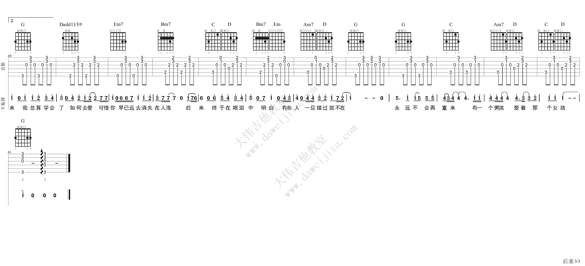 3大伟G调版 刘若英《后来》吉他弹唱六线谱
