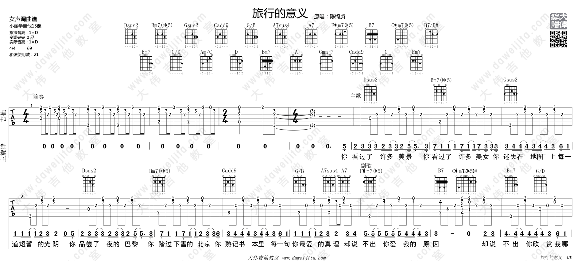 1大伟女生D调版 陈绮贞《旅行的意义》吉他弹唱六线谱