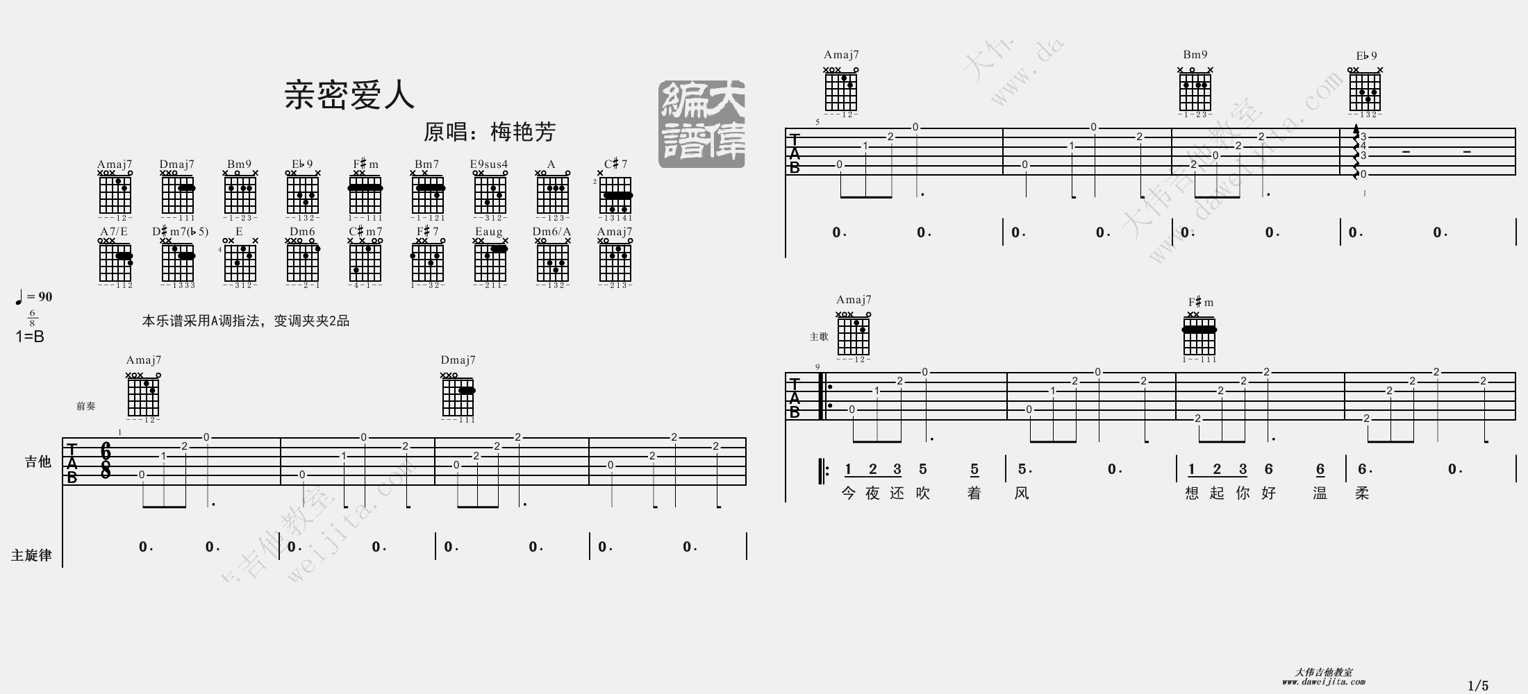 1大伟B调版 梅艳芳《亲密爱人》吉他弹唱六线谱