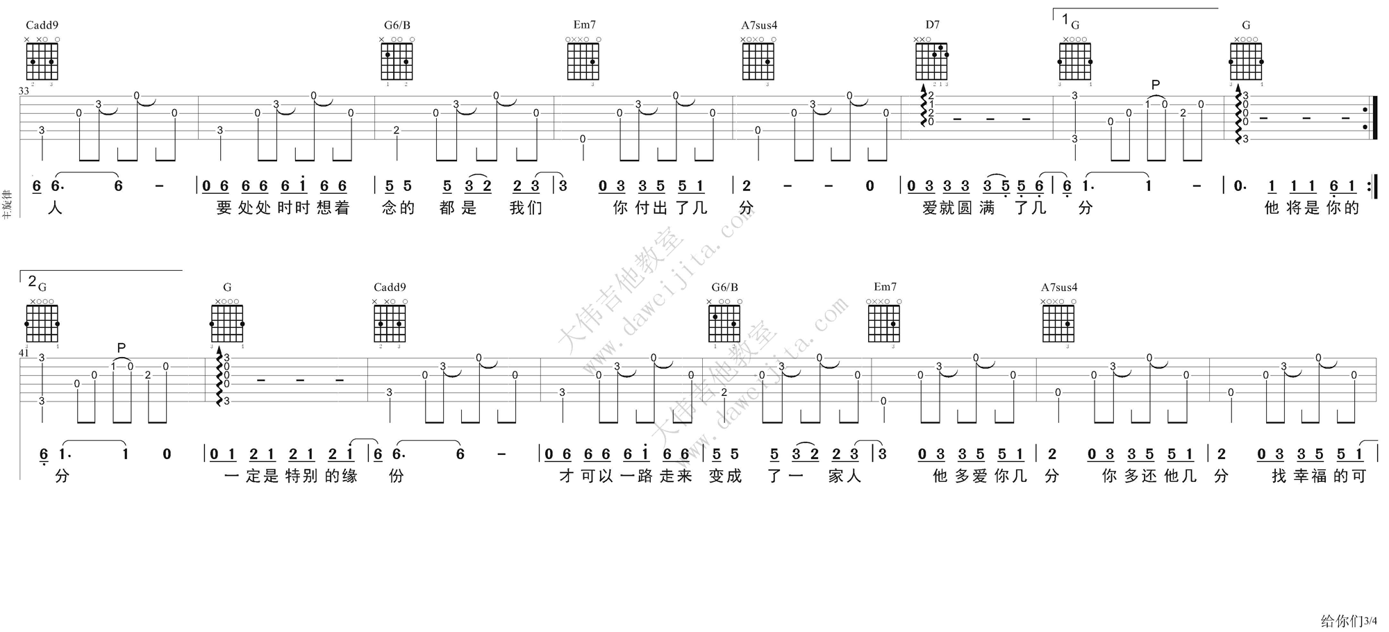 3大伟bA调版 张宇《给你们》吉他弹唱六线谱