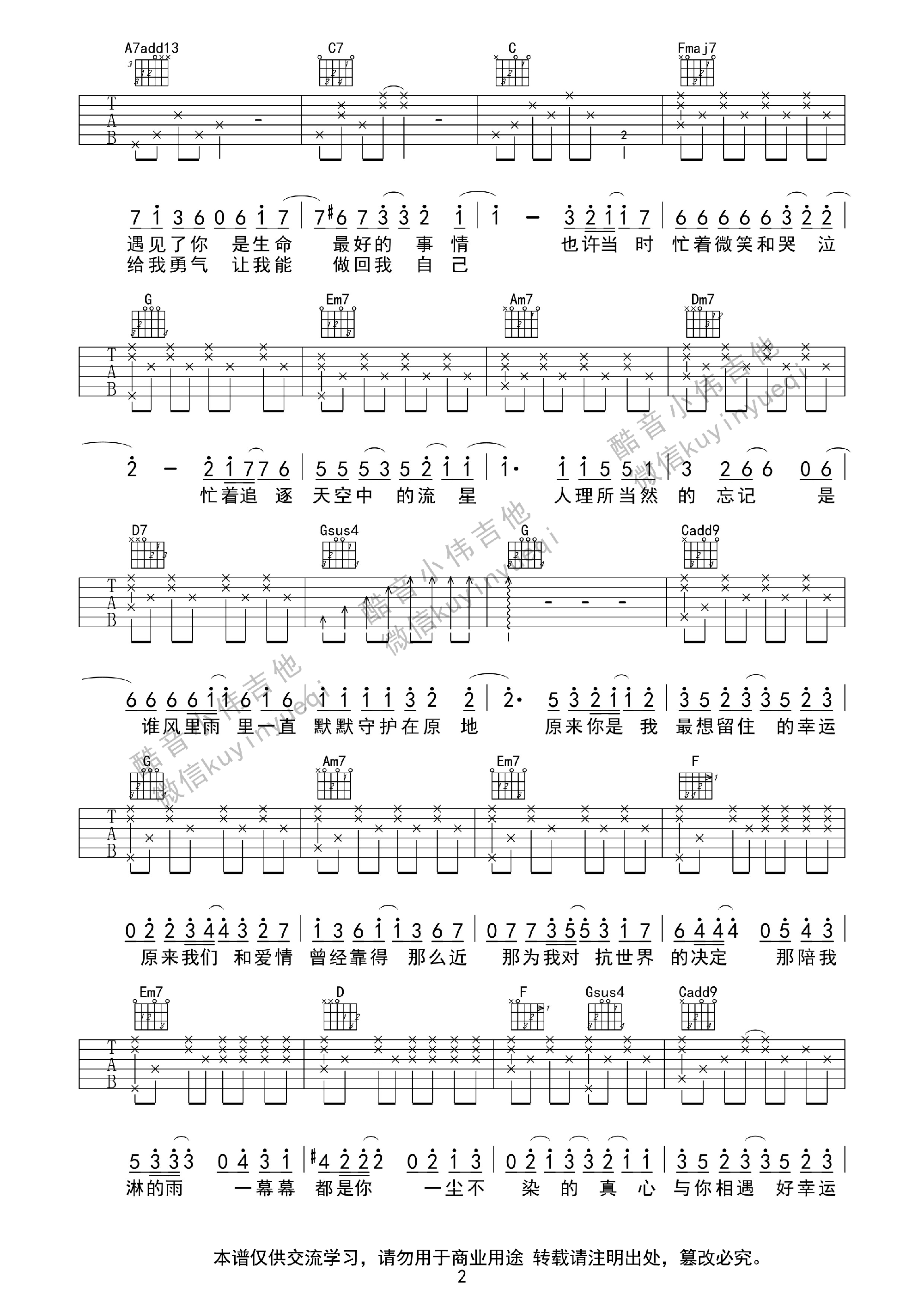 2酷音C调男生版 田馥甄《小幸运》吉他弹唱六线谱