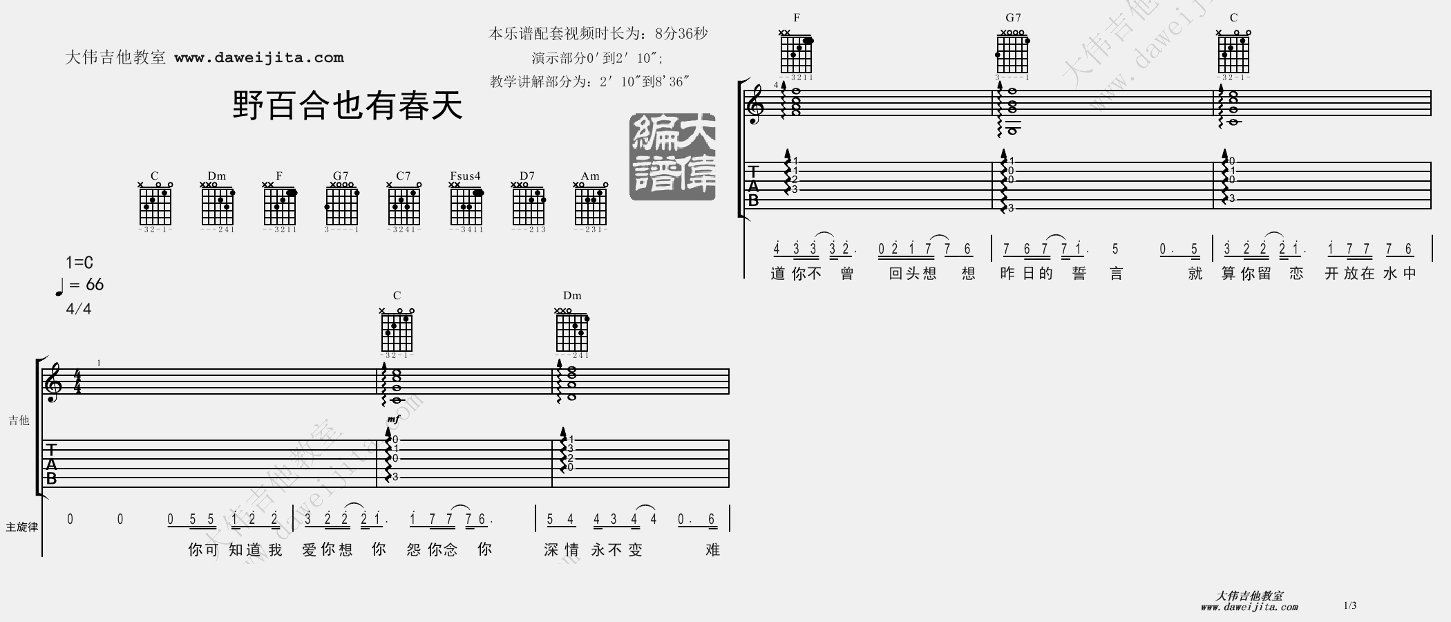 1大伟C调版 罗大佑《野百合也有春天》吉他弹唱六线谱