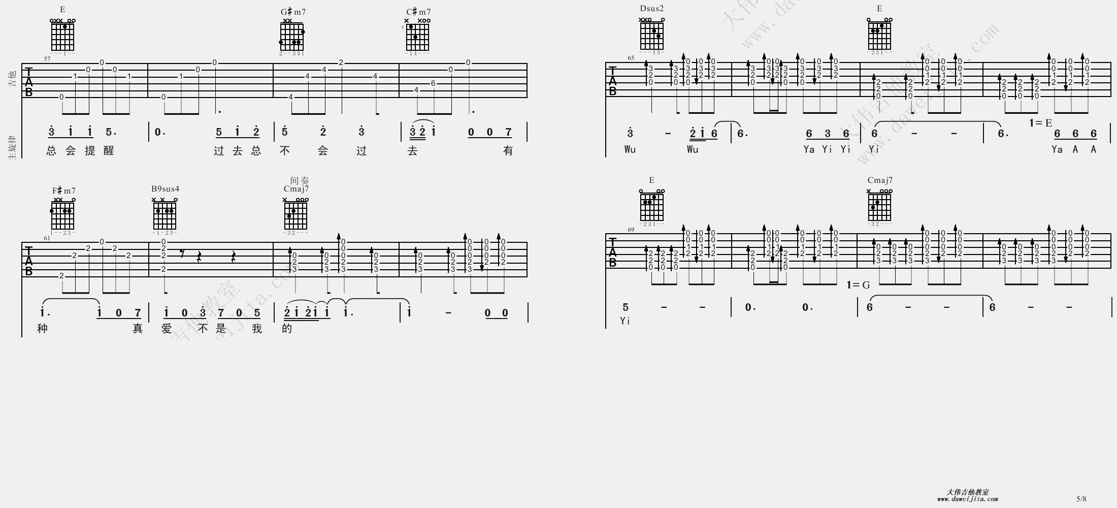 5大伟G调版 莫文蔚《爱》吉他弹唱六线谱
