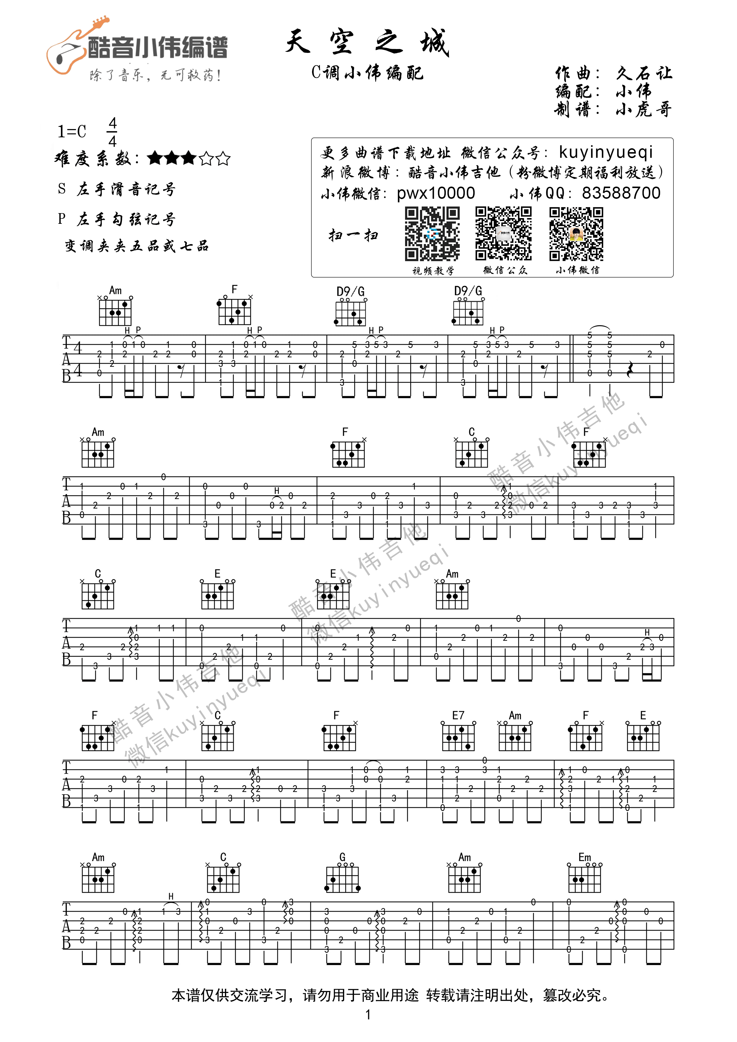 1酷音C调简单版 久石让《天空之城》指弹吉他谱