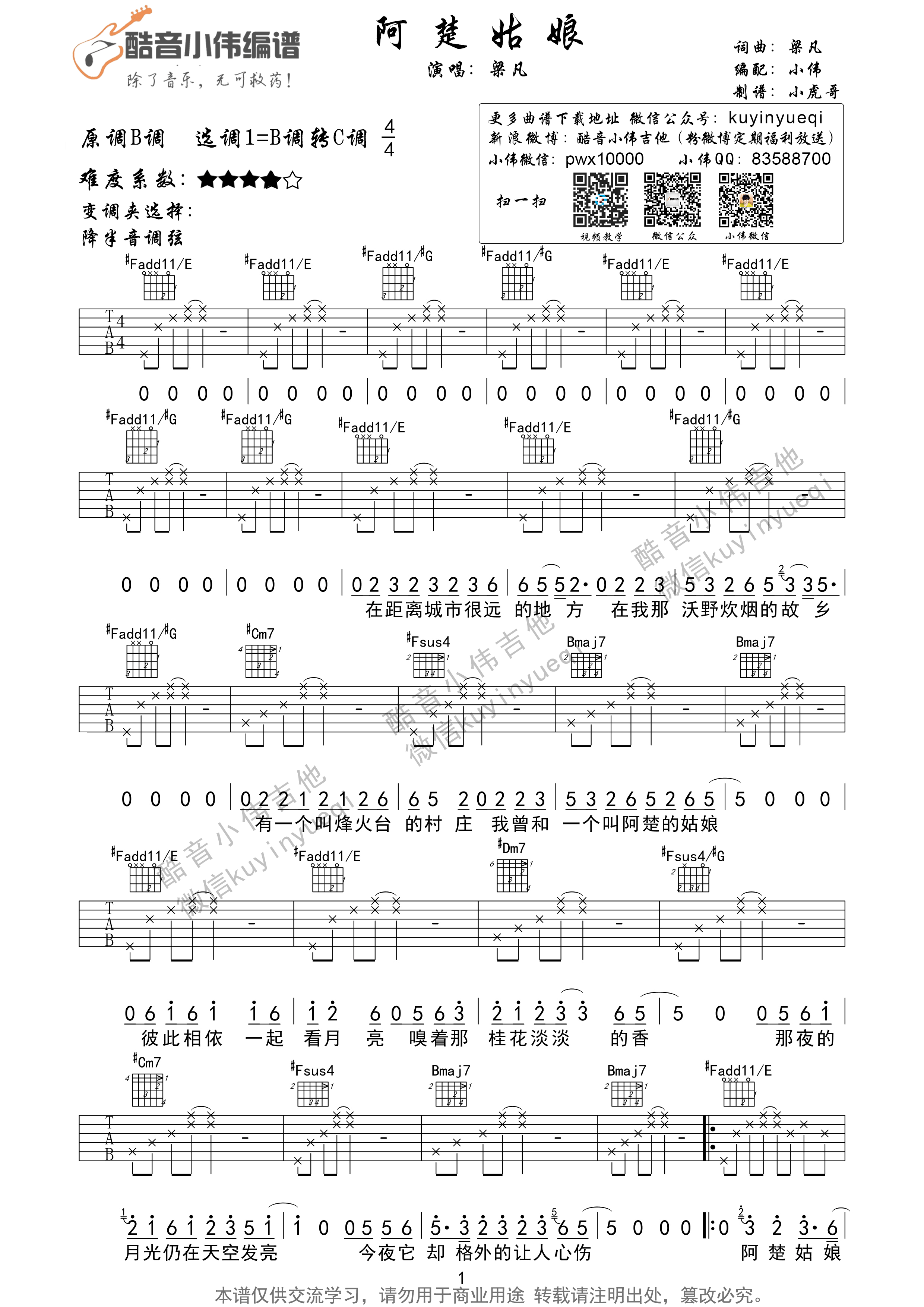 1酷音男生版 袁娅维《阿楚姑娘》吉他弹唱六线谱