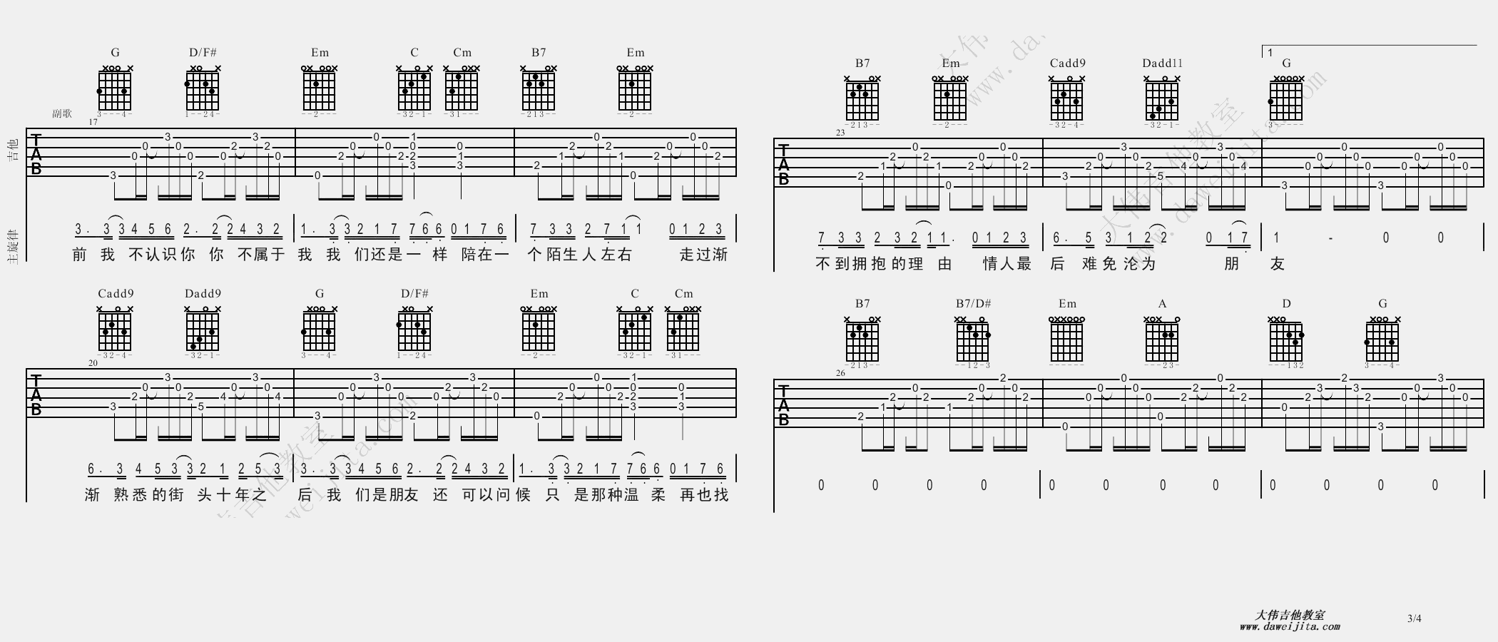 3大伟版 陈奕迅《十年》吉他弹唱六线谱