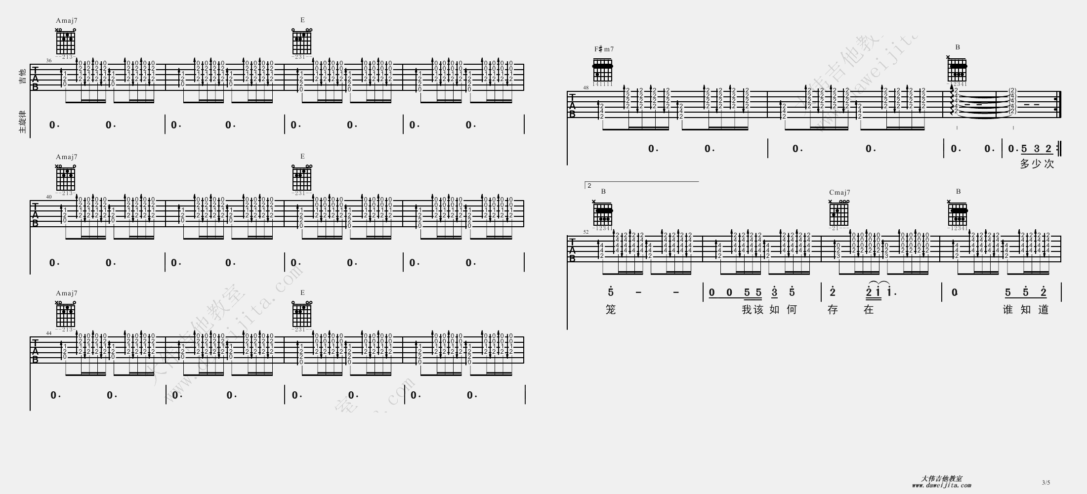 3大伟E调版 汪峰《存在》吉他弹唱六线谱