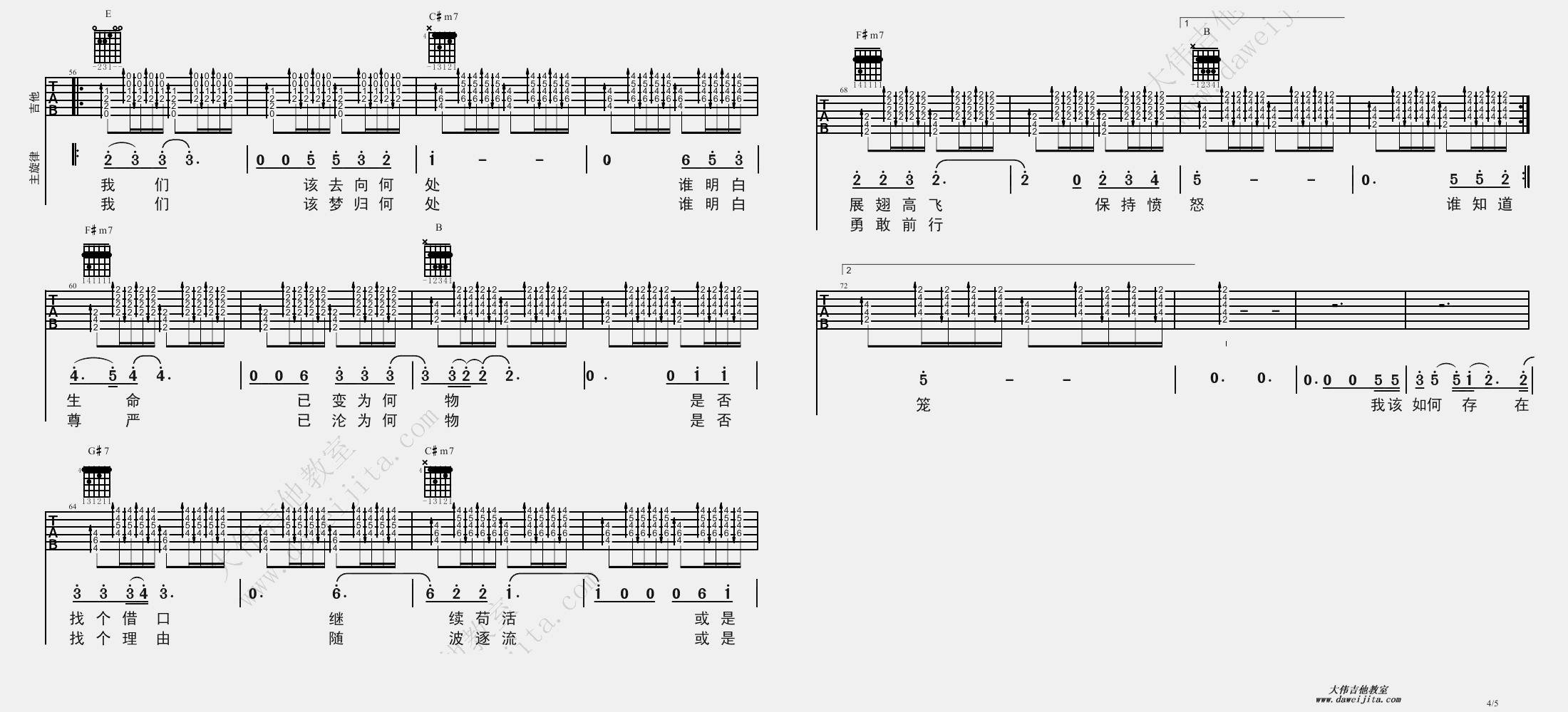 4大伟E调版 汪峰《存在》吉他弹唱六线谱