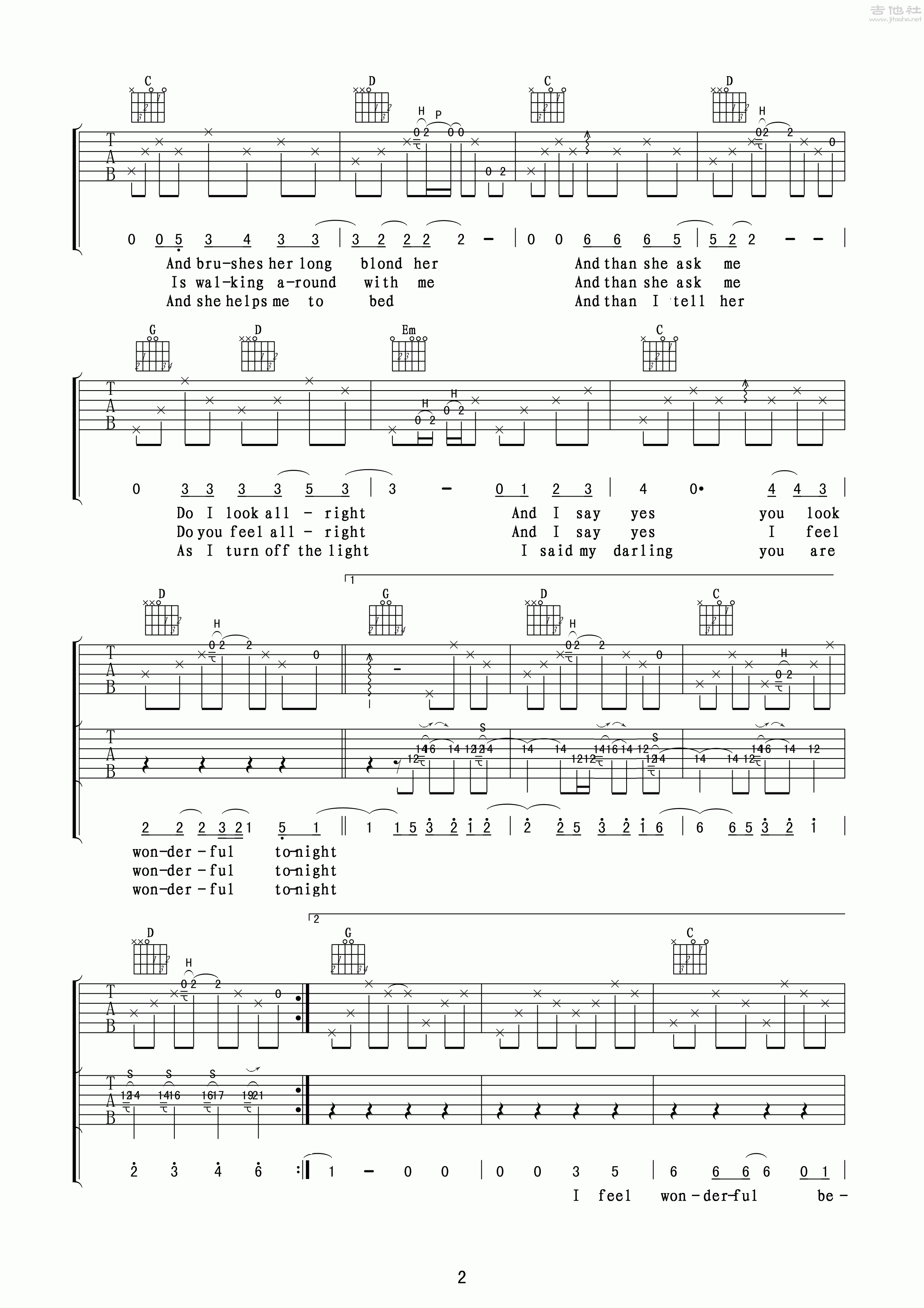 2玩易G调版 《Wonderful Tonight》吉他弹唱六线谱