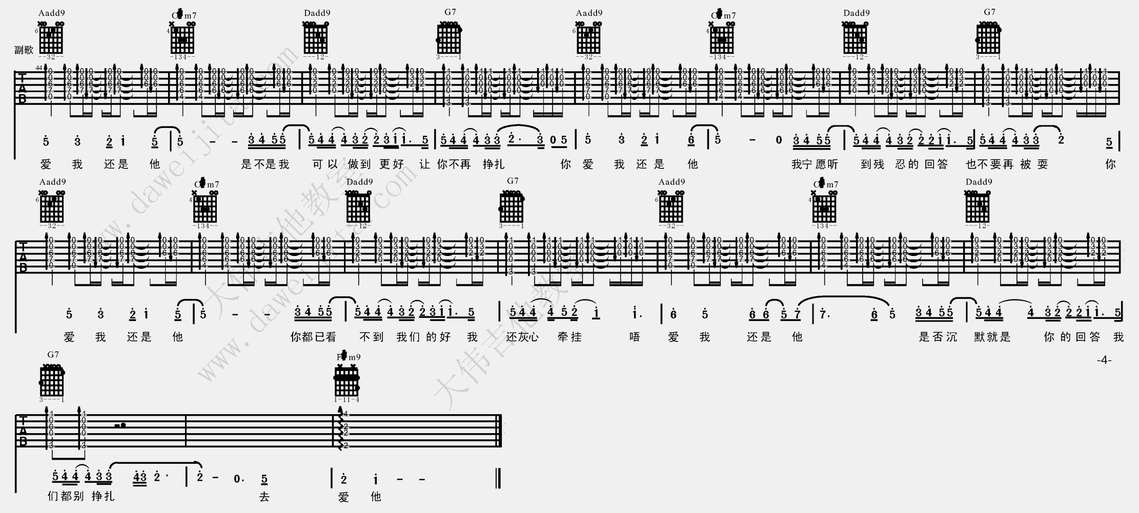 4大伟B调版 陶喆《爱我还是他》吉他弹唱六线谱
