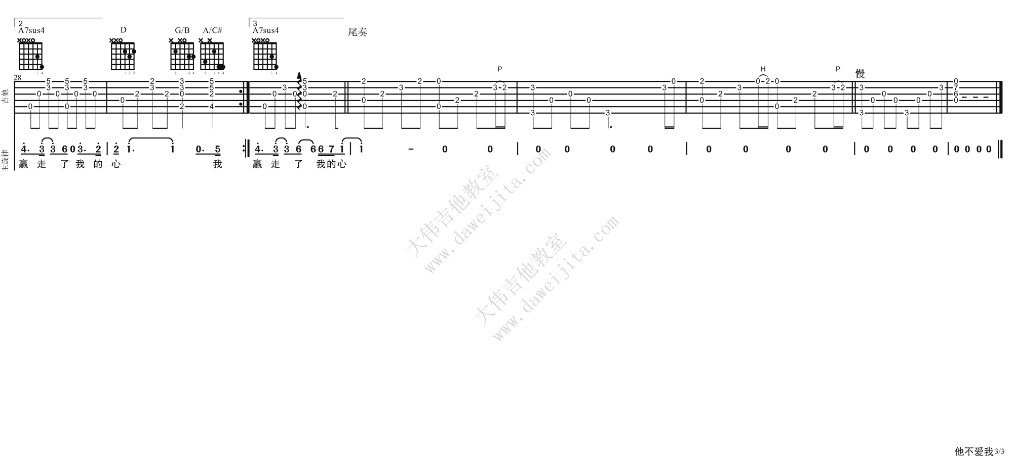 3大伟D调版 关喆《他不爱我》吉他弹唱六线谱