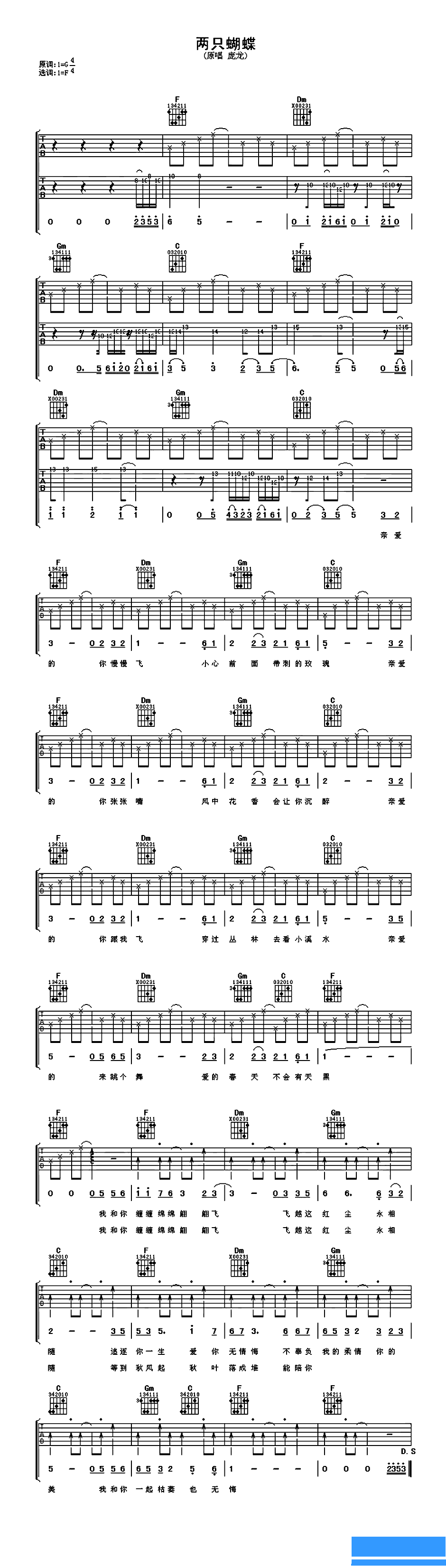 庞龙《两只蝴蝶》吉他谱