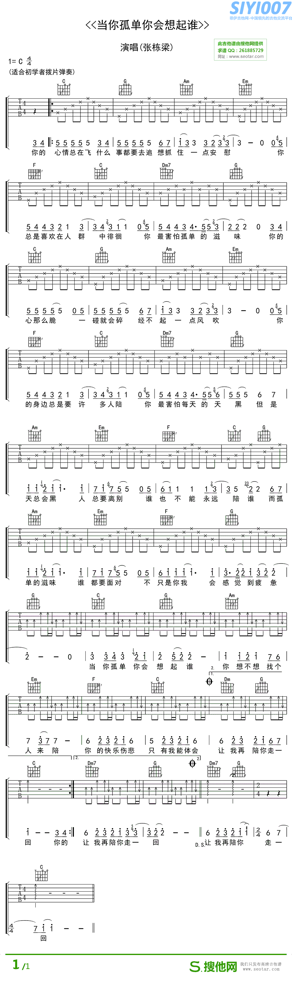 张栋梁《当你孤单你会想起谁》吉他谱